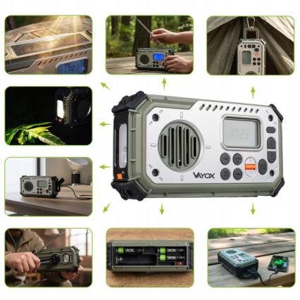 Camping radio with hand crank, solar panel and LED flashlight with power bank function, 5V / 3×AAA / 2000 mAh, IPX4, green