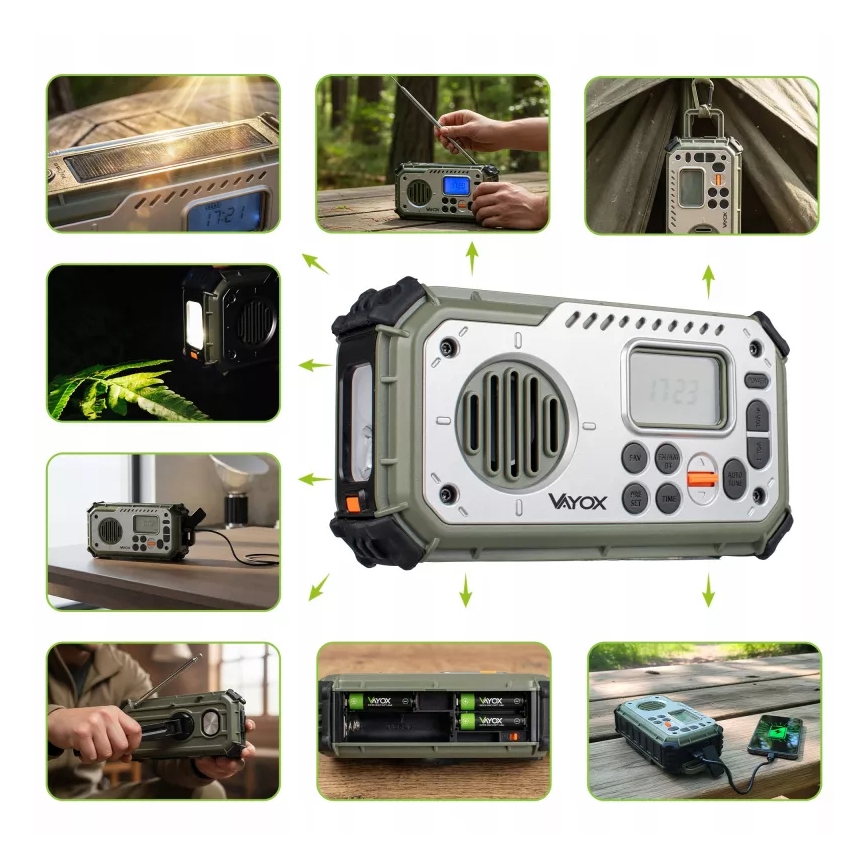 Camping radio with hand crank, solar panel and LED flashlight with power bank function, 5V / 3×AAA / 2000 mAh, IPX4, green