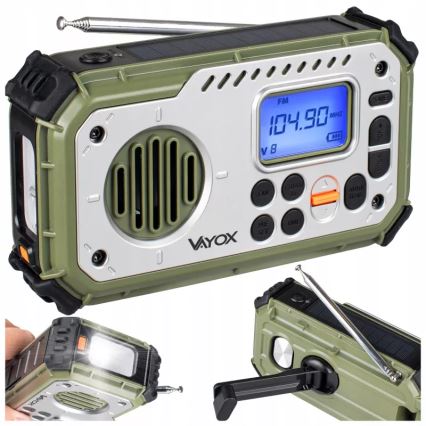 Camping radio with hand crank, solar panel and LED flashlight with power bank function, 5V / 3×AAA / 2000 mAh, IPX4, green