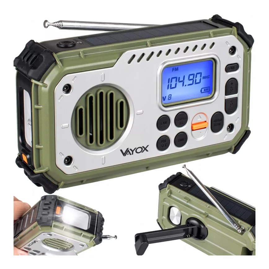 Camping radio with hand crank, solar panel and LED flashlight with power bank function, 5V / 3×AAA / 2000 mAh, IPX4, green