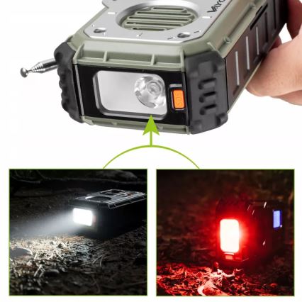 Camping radio with hand crank, solar panel and LED flashlight with power bank function, 5V / 3×AAA / 2000 mAh, IPX4, green