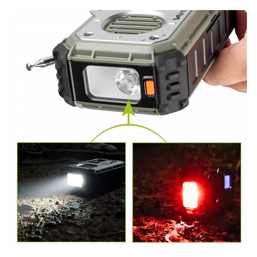 Camping radio with hand crank, solar panel and LED flashlight with power bank function, 5V / 3×AAA / 2000 mAh, IPX4, green