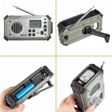 Camping radio with hand crank, solar panel and LED flashlight with power bank function, 5V / 3×AAA / 2000 mAh, IPX4, green