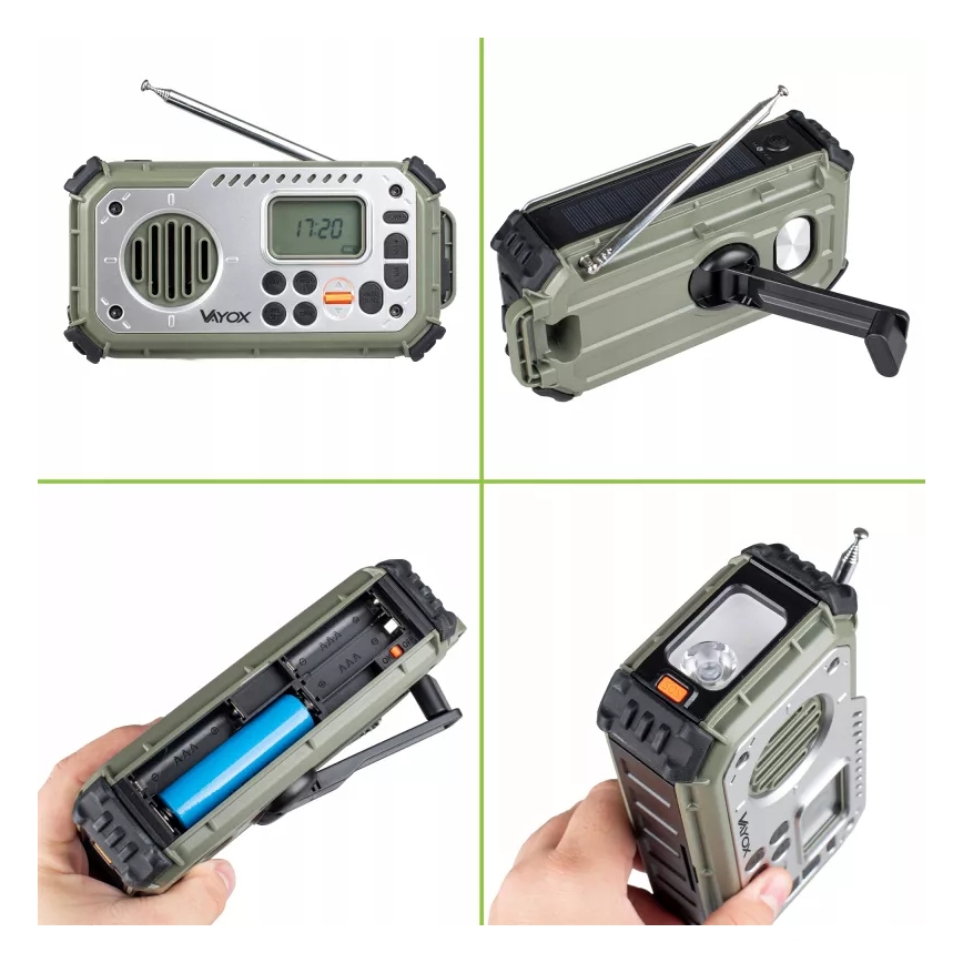 Camping radio with hand crank, solar panel and LED flashlight with power bank function, 5V / 3×AAA / 2000 mAh, IPX4, green