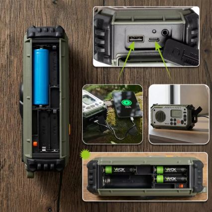Camping radio with hand crank, solar panel and LED flashlight with power bank function, 5V / 3×AAA / 2000 mAh, IPX4, green