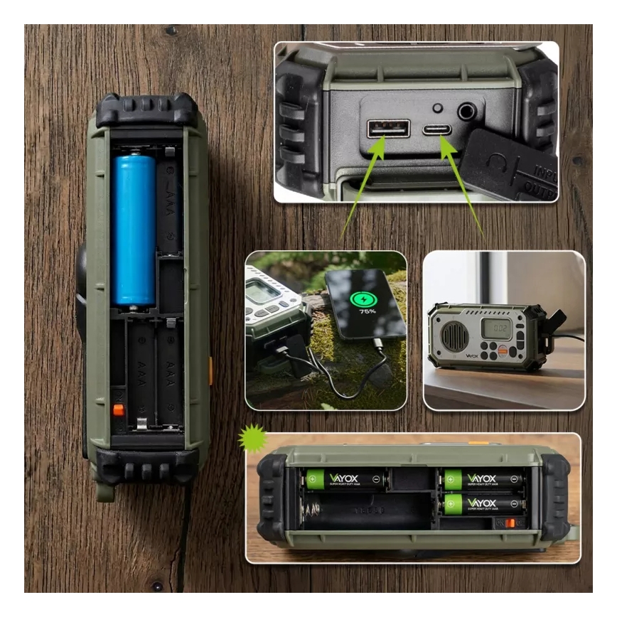 Camping radio with hand crank, solar panel and LED flashlight with power bank function, 5V / 3×AAA / 2000 mAh, IPX4, green