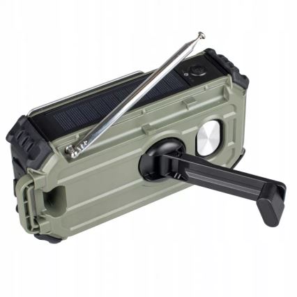 Camping radio with hand crank, solar panel and LED flashlight with power bank function, 5V / 3×AAA / 2000 mAh, IPX4, green