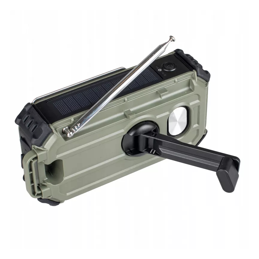 Camping radio with hand crank, solar panel and LED flashlight with power bank function, 5V / 3×AAA / 2000 mAh, IPX4, green