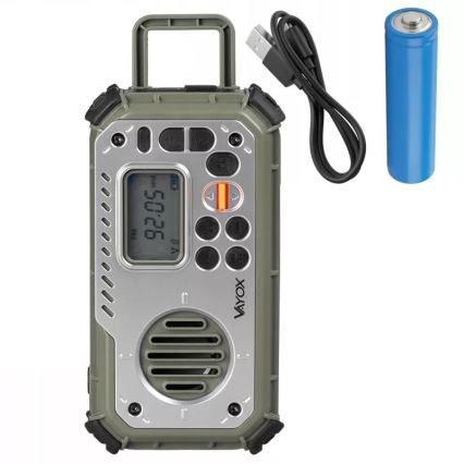Camping radio with hand crank, solar panel and LED flashlight with power bank function, 5V / 3×AAA / 2000 mAh, IPX4, green
