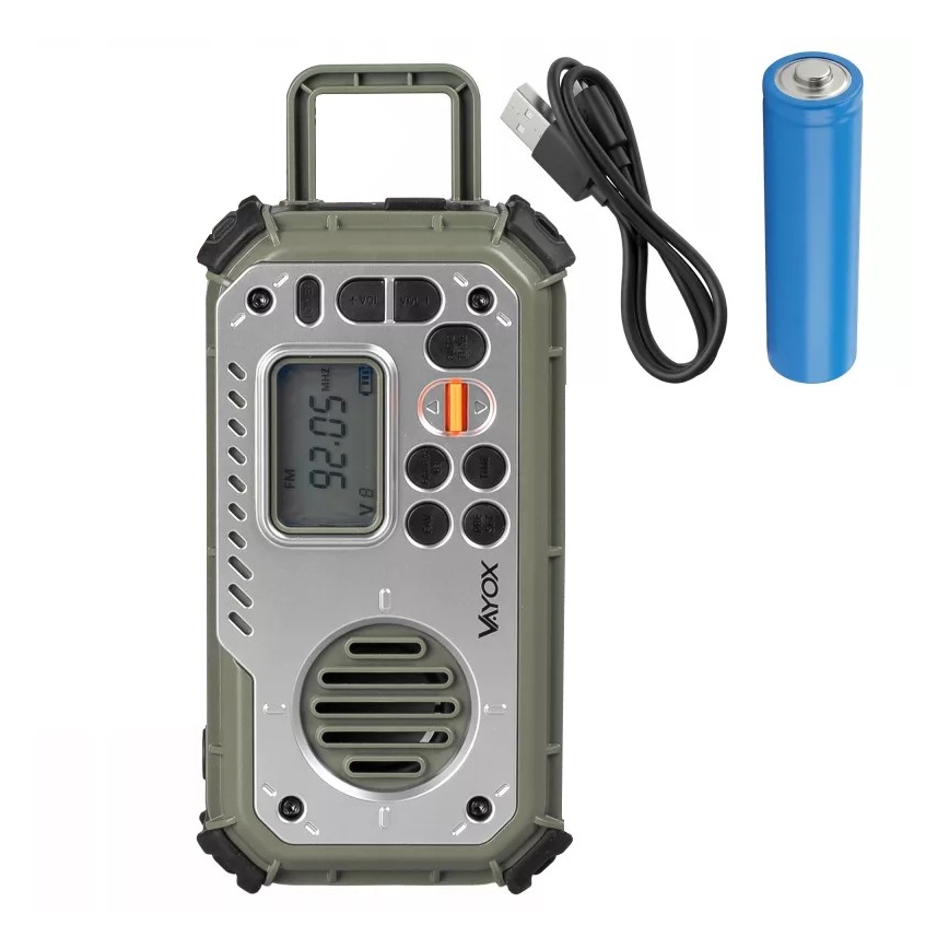 Camping radio with hand crank, solar panel and LED flashlight with power bank function, 5V / 3×AAA / 2000 mAh, IPX4, green