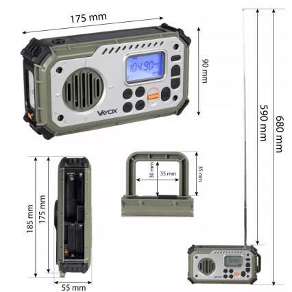 Camping radio with hand crank, solar panel and LED flashlight with power bank function, 5V / 3×AAA / 2000 mAh, IPX4, green