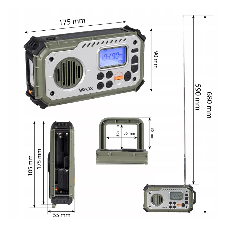 Camping radio with hand crank, solar panel and LED flashlight with power bank function, 5V / 3×AAA / 2000 mAh, IPX4, green