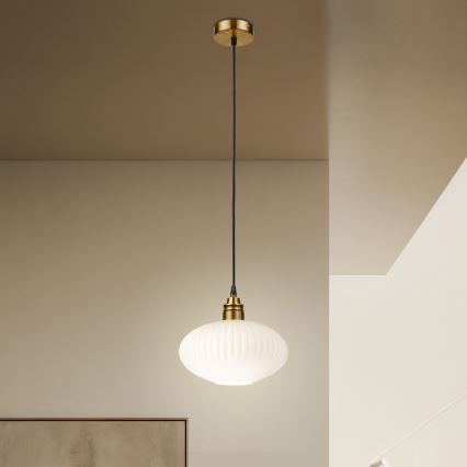 HECTOR cable-hung pendant light, 1x E27/15W/230V, white/brass, Ø 25 cm