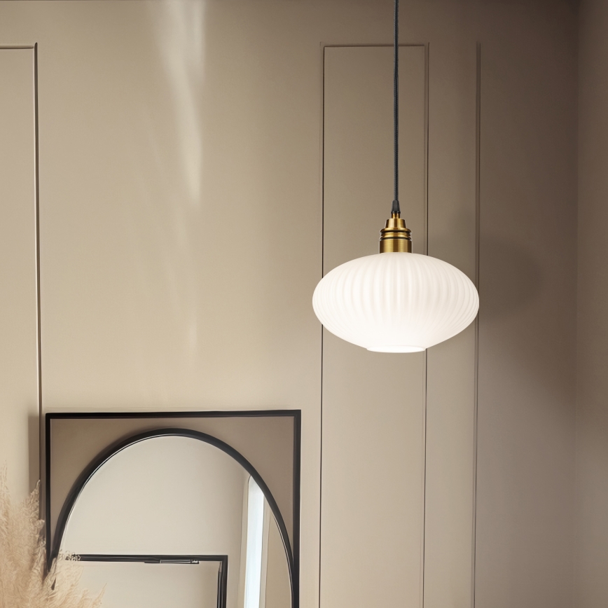 HECTOR cable-hung pendant light, 1x E27/15W/230V, white/brass, Ø 25 cm