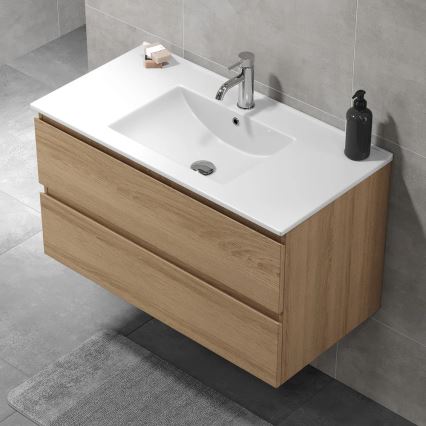 HENRY 91 cm bathroom vanity unit with sink, oak