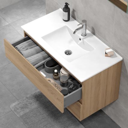 HENRY 91 cm bathroom vanity unit with sink, oak