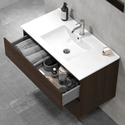 HENRY 91 cm Walnut Bathroom Cabinet with Sink
