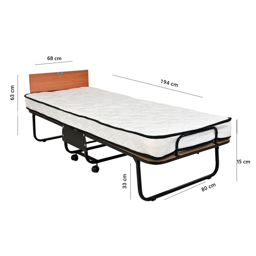 HERON Folding Metal Single Bed with Mattress, 80x190 cm, White — 120 kg Weight Capacity