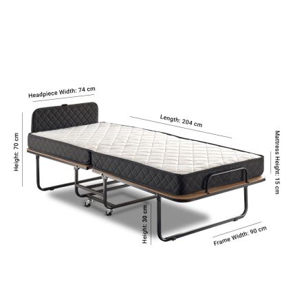 HERON Folding Metal Single Bed with Mattress, 90 x 204 cm, White