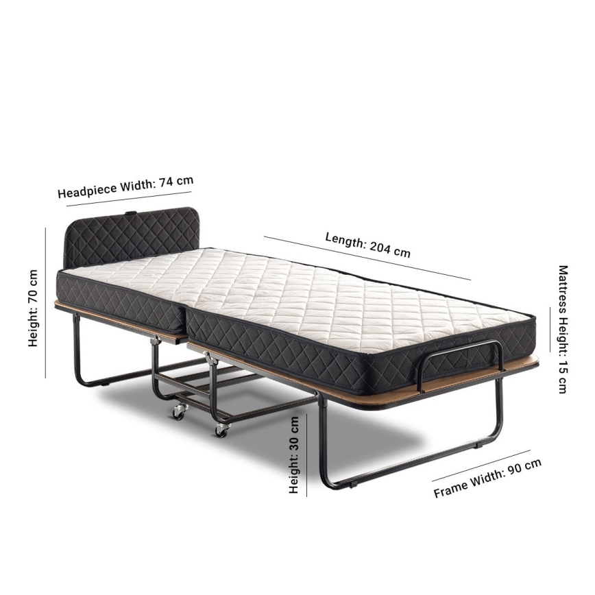 HERON Folding Metal Single Bed with Mattress, 90 x 204 cm, White