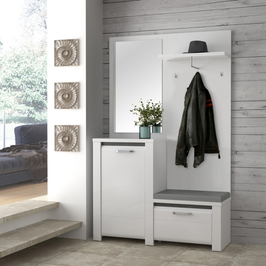 HIRO Hallway Wall Unit with Mirror, White/Grey