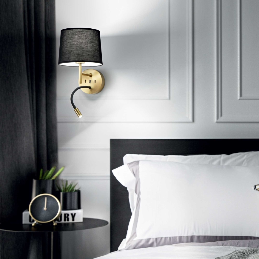 Ideal Lux - LED Flexible lamp with a mount SET 1xE27/42W + LED/3W/230V CRI 90 USB gold