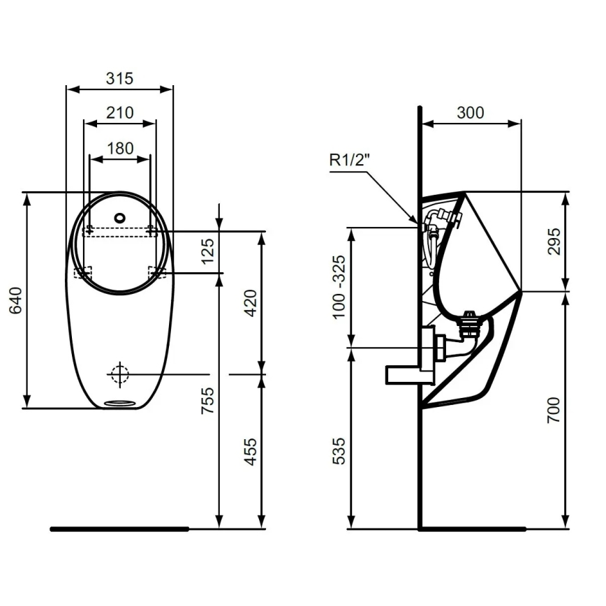 Ideal Standard E253701 - I.LIFE Urinal with rear water inlet and rear waste outlet, ceramic/white