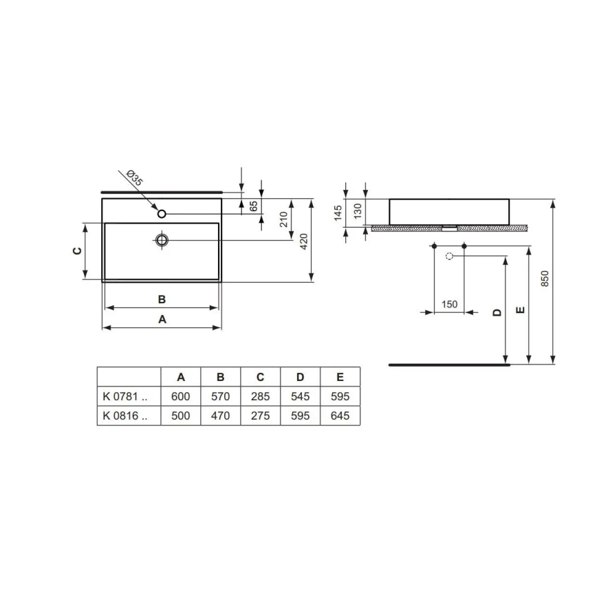 Ideal Standard K081601 - STRADA Countertop Basin 50 x 42 cm, Ceramic/White