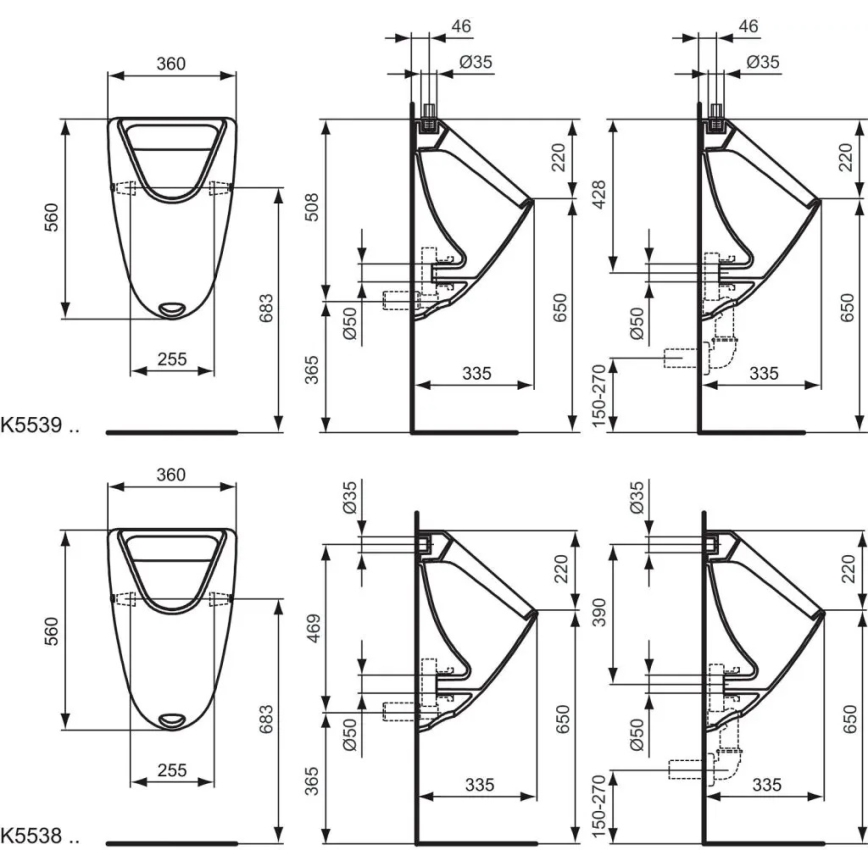 Ideal Standard K553901 - EUROVIT urinal with top water inlet and rear waste outlet, ceramic/white