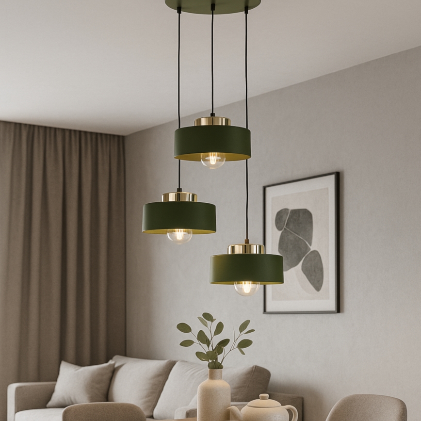 IGNIA cable-hung pendant light – 3x E27/60W/230V, green