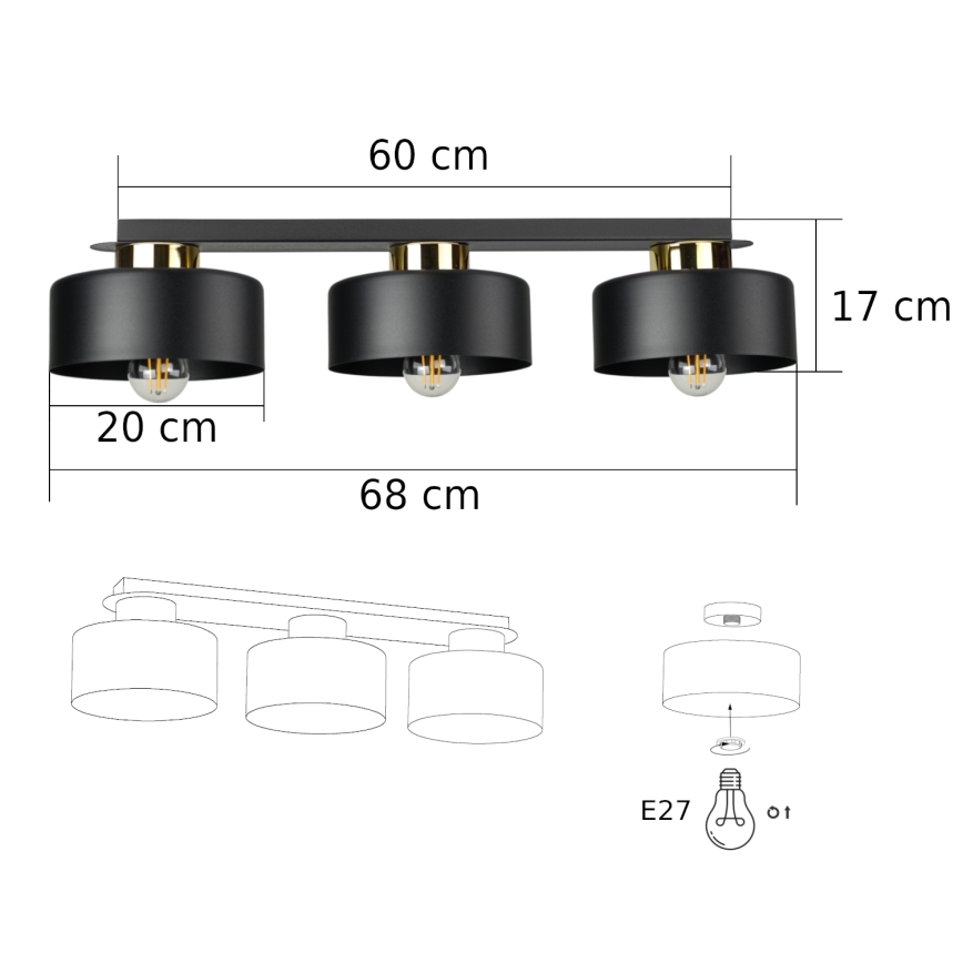 IGNIA ceiling light 3×E27/60W/230V – black