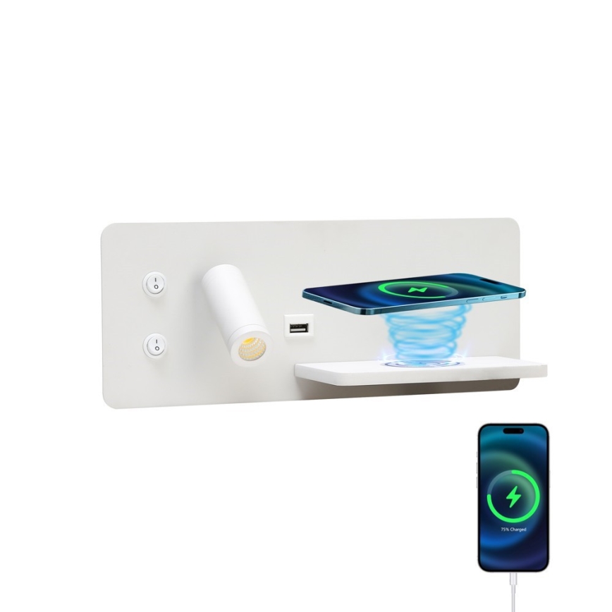 Immax 08285L - LED Wall spotlight with shelf, USB port and wireless charging Be PREPARE LED/3W/230V + LED/3W white