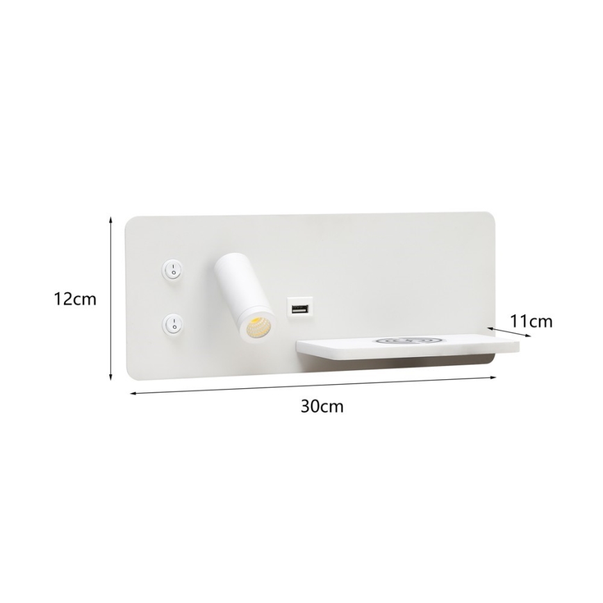 Immax 08285L - LED Wall spotlight with shelf, USB port and wireless charging Be PREPARE LED/3W/230V + LED/3W white