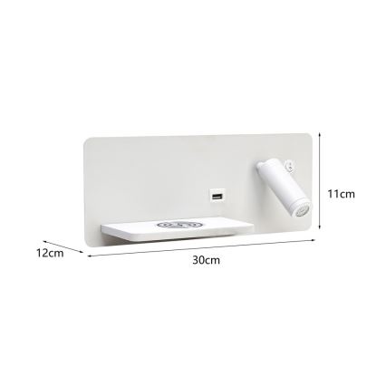 Immax 08286L - LED Wall spotlight with shelf, USB port and wireless charging Be PREPARE LED/3W/230V + LED/3W white