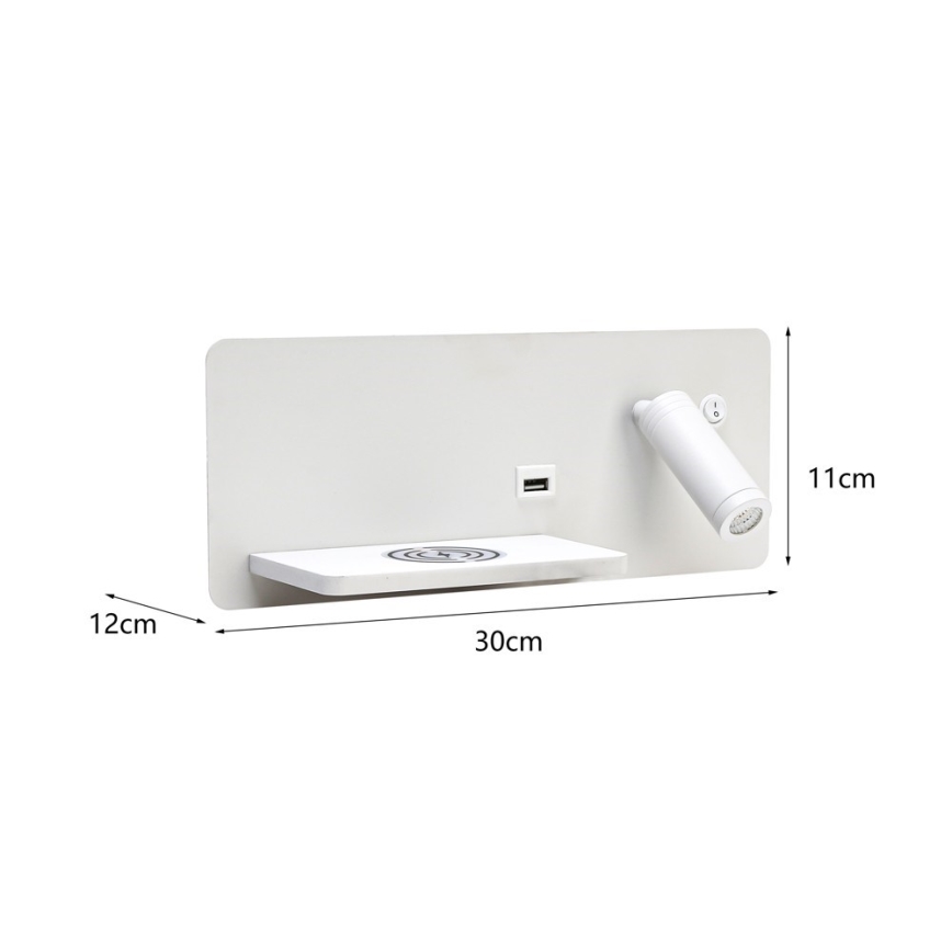 Immax 08286L - LED Wall spotlight with shelf, USB port and wireless charging Be PREPARE LED/3W/230V + LED/3W white