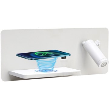 Immax 08286L - LED Wall spotlight with shelf, USB port and wireless charging Be PREPARE LED/3W/230V + LED/3W white