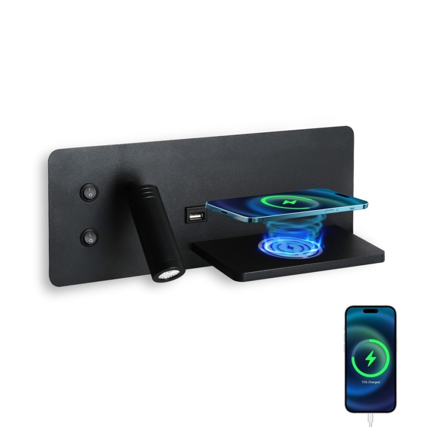 Immax 08287L - LED Wall spotlight with shelf, USB port and wireless charging Be PREPARE LED/3W/230V + LED/3W black