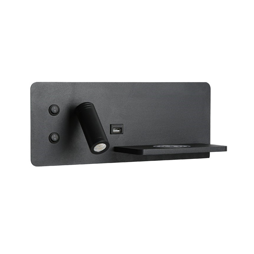 Immax 08287L - LED Wall spotlight with shelf, USB port and wireless charging Be PREPARE LED/3W/230V + LED/3W black