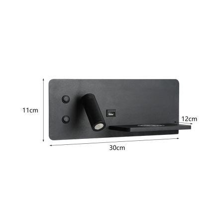 Immax 08287L - LED Wall spotlight with shelf, USB port and wireless charging Be PREPARE LED/3W/230V + LED/3W black