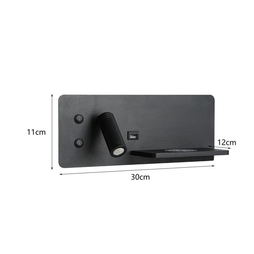 Immax 08287L - LED Wall spotlight with shelf, USB port and wireless charging Be PREPARE LED/3W/230V + LED/3W black