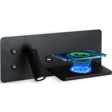Immax 08287L - LED Wall spotlight with shelf, USB port and wireless charging Be PREPARE LED/3W/230V + LED/3W black