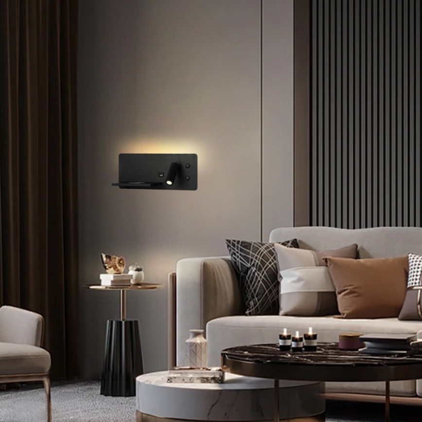 Immax 08288L - LED Wall spotlight with shelf, USB port and wireless charging Be PREPARE LED/3W/230V + LED/3W black