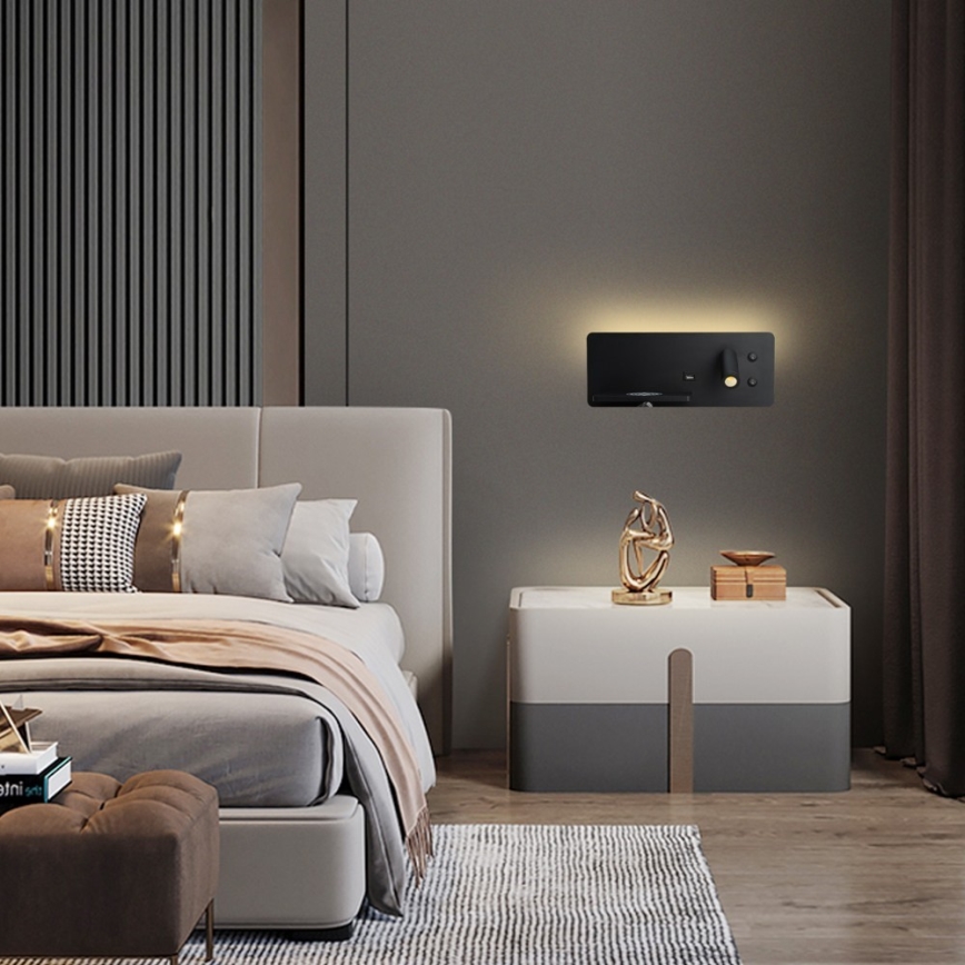 Immax 08288L - LED Wall spotlight with shelf, USB port and wireless charging Be PREPARE LED/3W/230V + LED/3W black