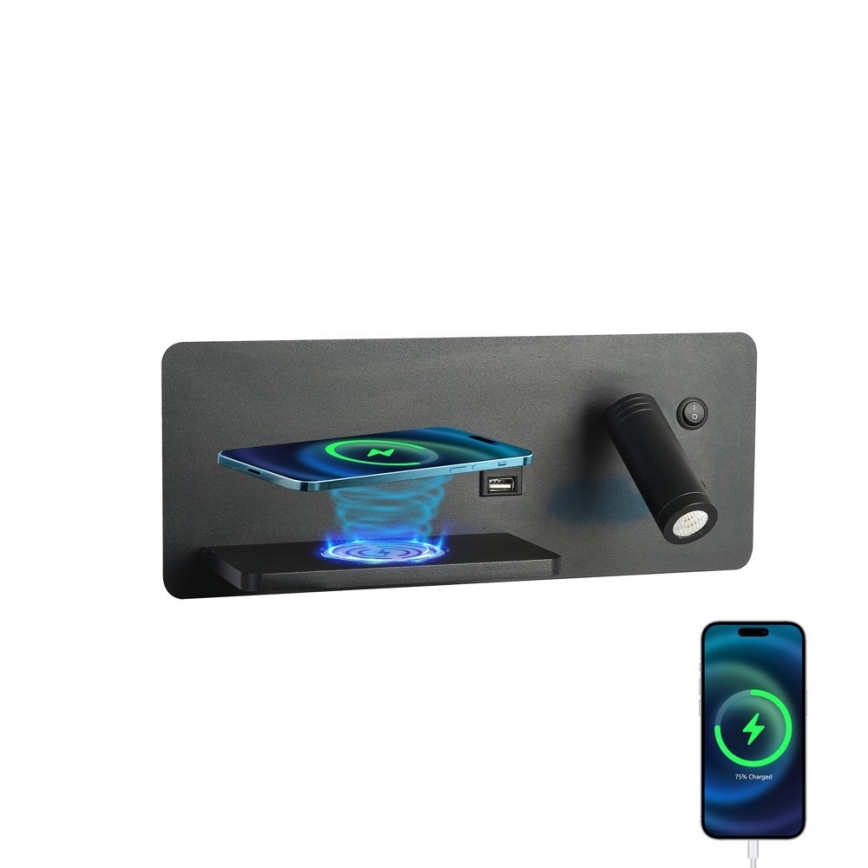 Immax 08288L - LED Wall spotlight with shelf, USB port and wireless charging Be PREPARE LED/3W/230V + LED/3W black