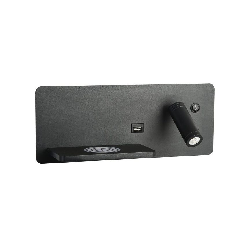 Immax 08288L - LED Wall spotlight with shelf, USB port and wireless charging Be PREPARE LED/3W/230V + LED/3W black
