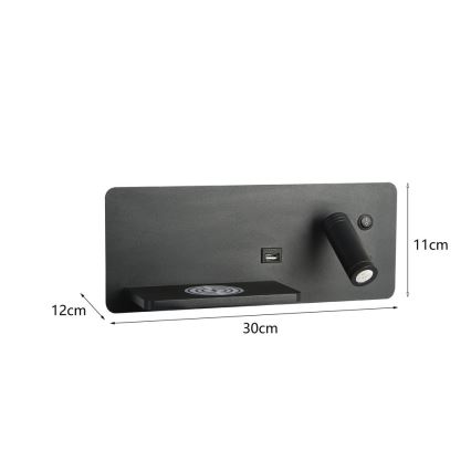 Immax 08288L - LED Wall spotlight with shelf, USB port and wireless charging Be PREPARE LED/3W/230V + LED/3W black