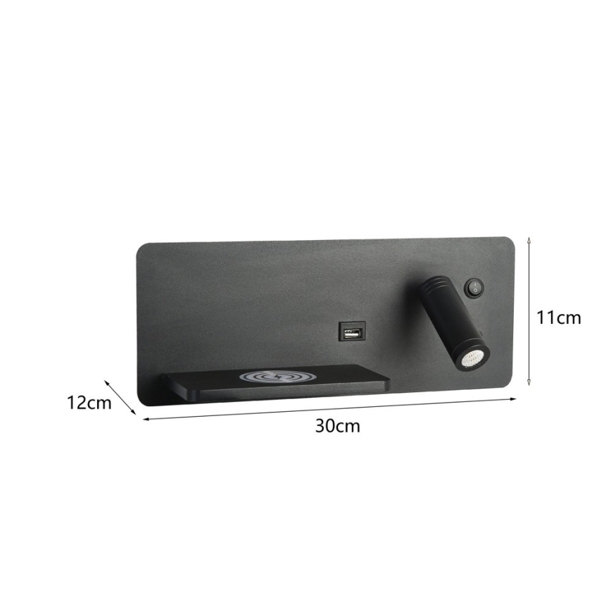 Immax 08288L - LED Wall spotlight with shelf, USB port and wireless charging Be PREPARE LED/3W/230V + LED/3W black