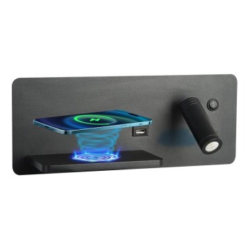 Immax 08288L - LED Wall spotlight with shelf, USB port and wireless charging Be PREPARE LED/3W/230V + LED/3W black