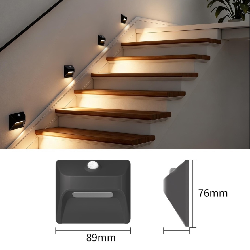 LED Rechargeable Staircase Light with Motion and Dusk Sensor STEP LIGHT LED/0,3W/3,7V 2200 mAh IP53 Black