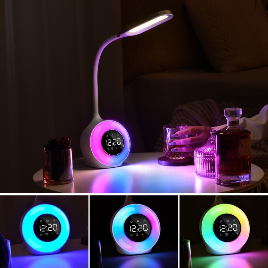 LED RGBW Dimmable table lamp with alarm clock FALCON LED/10W/12V